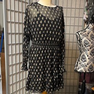 INC International Concepts Black and Cream Patterned Long Sleeve Dress
